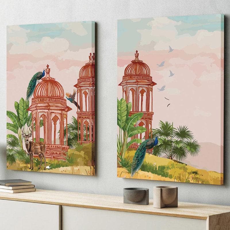 Gulmohar Bagh Canvas Wall Painting - Set of Two