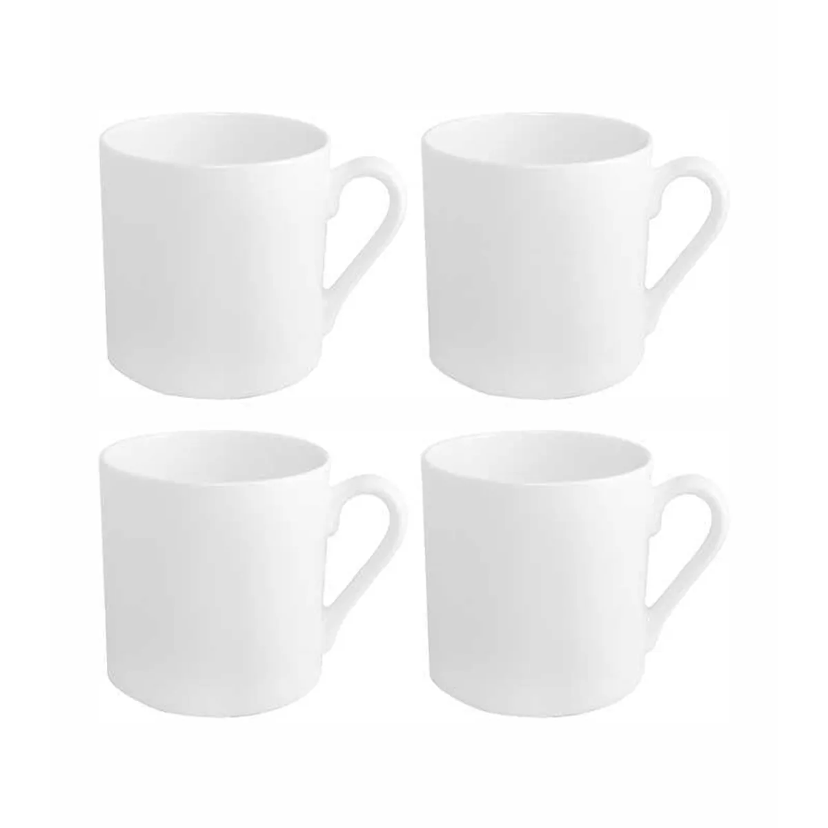 Set of four white cylindrical mugs on a plain background