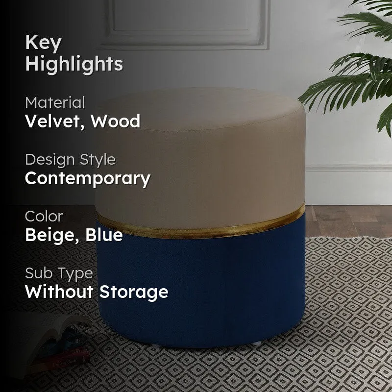 Dualtone Solid Velvet Pouffe - Beige & Dark Blue media 2