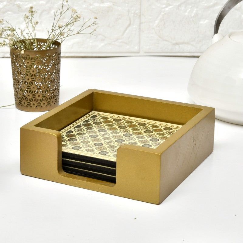 Artisan Crafted Wooden Coasters with Holder - Seven Piece Set