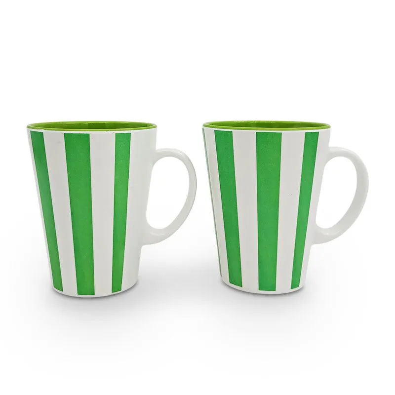 Two green and white striped coffee mugs shown side by side