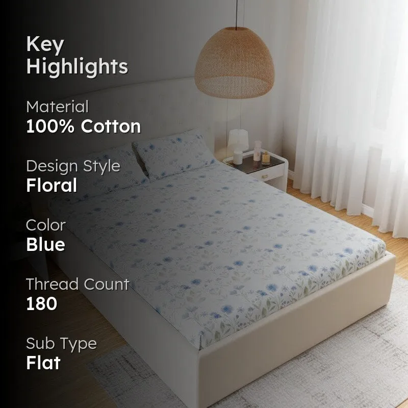 Harmony Floral Cotton Bedsheet (Blue) - 180 TC media 2