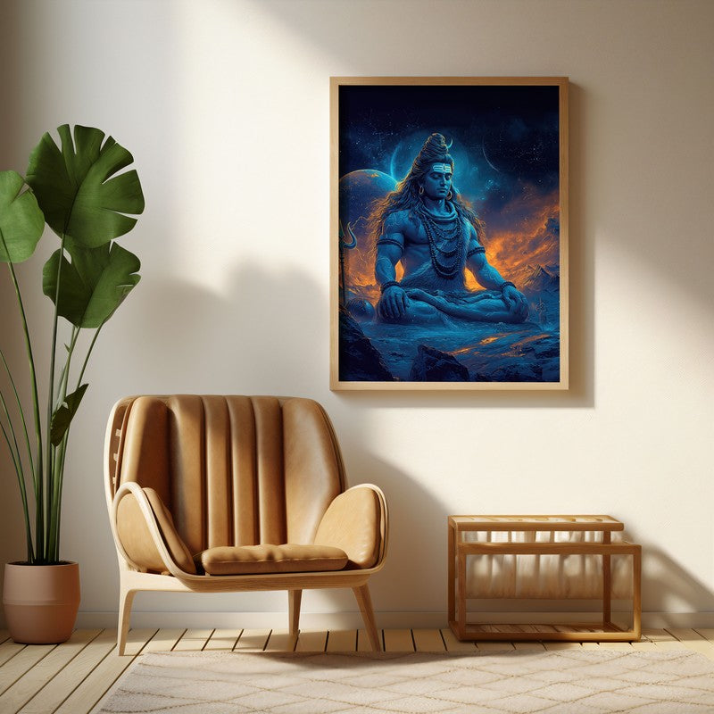 Peaceful Mahadev Meditating II Archival Paper Wall Art - Natural Brown Frame