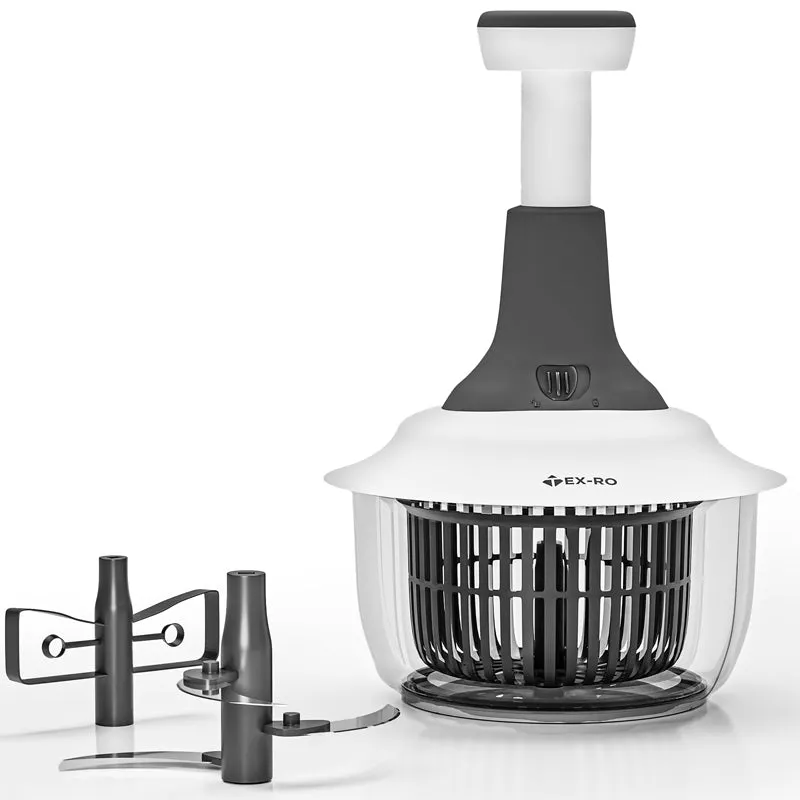 Manual chopper with white handle, grey base, clear bowl and detached stainless steel blades