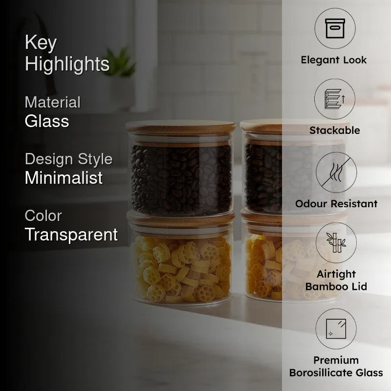 Kitchen storage jars shown with minimalist styling and bamboo lids in a highlighted product view.