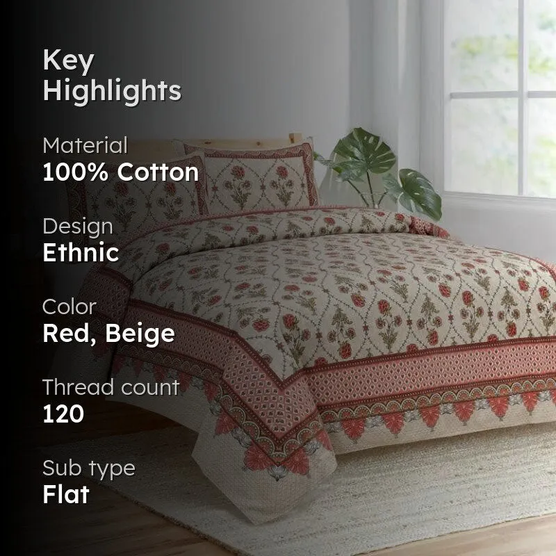 Mughal Jaali Printed Cotton Bedsheet (Red & Beige) - 120 TC media 2
