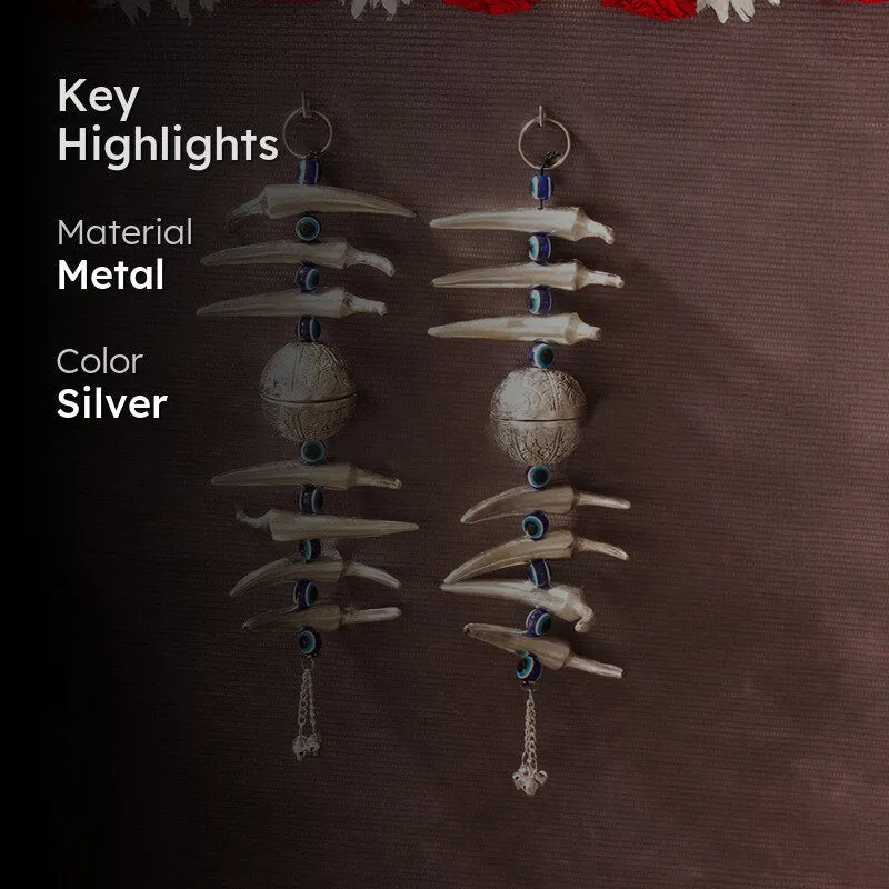 Pair of silver nimbu mirchi latkans with blue accents and key highlights text