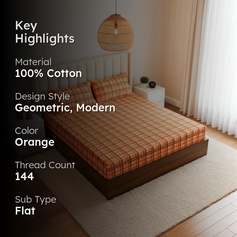 Sanja Checkered Cotton Bedsheet (Orange) - 144 TC media 2
