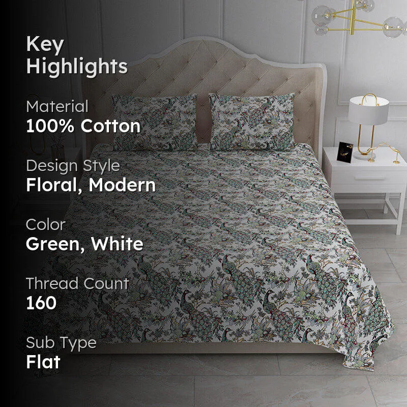 Vibrant Mor Floral Cotton Bedsheet (Green & White) - 160 TC media 2