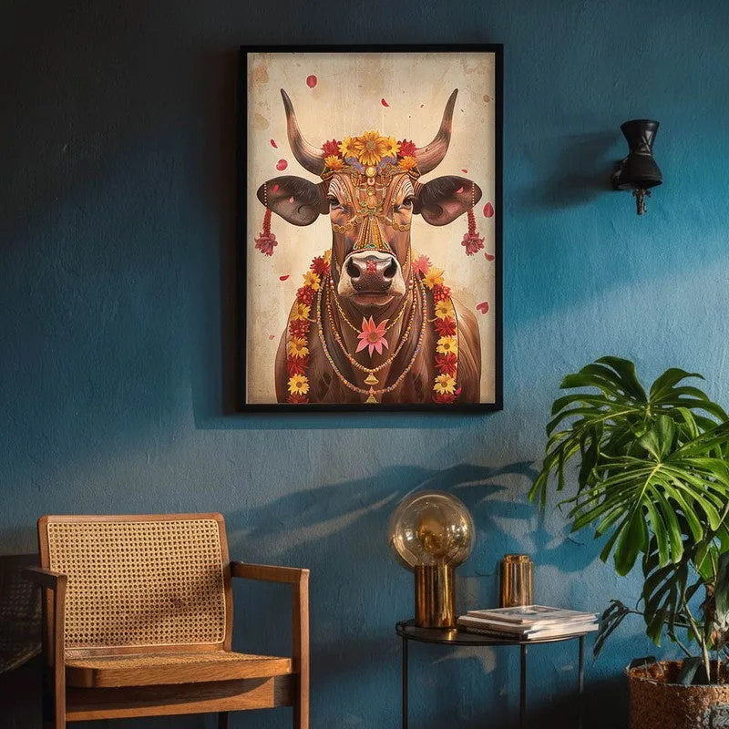 Divine Cow Traditional Canvas Wall Painting With Black Frame media 8