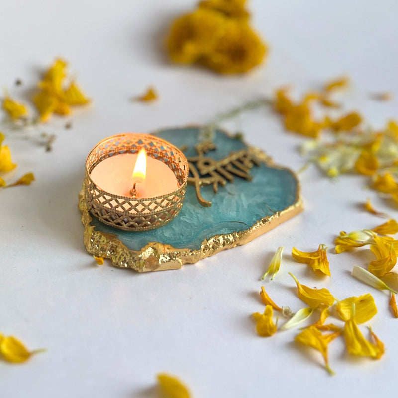 Jai Sri Ram Handcrafted Agate Tealight Candle Holder - Turquoise