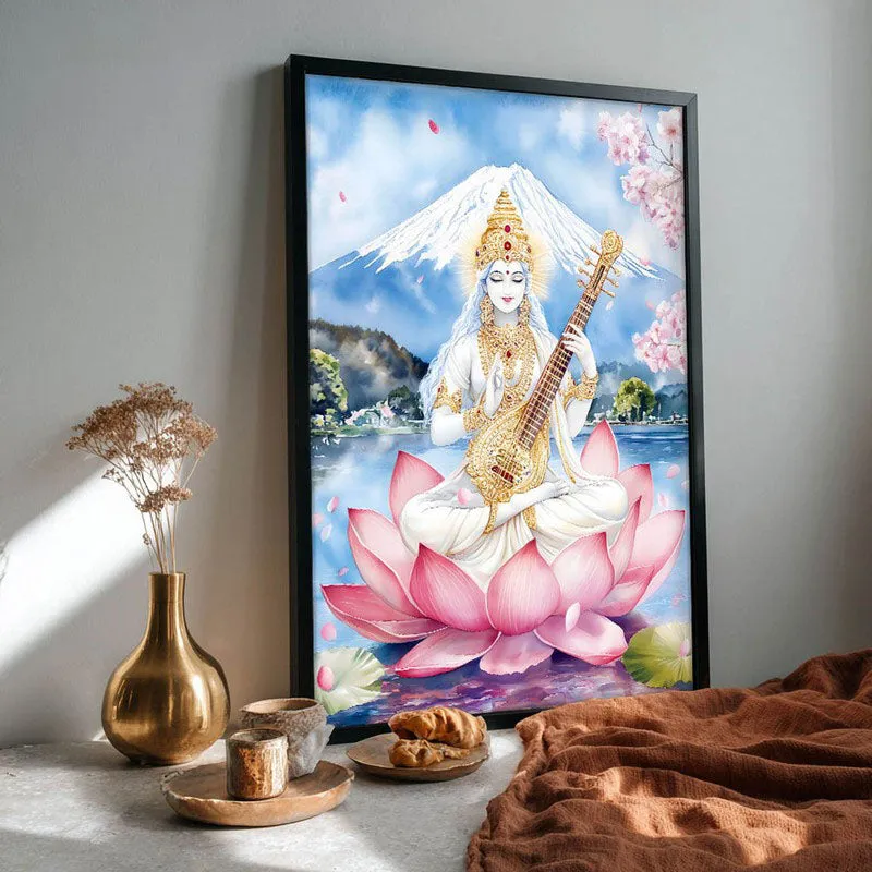 Padmasana Saraswati Spiritual Archival Paper Wall Painting With Frame - Black media 4