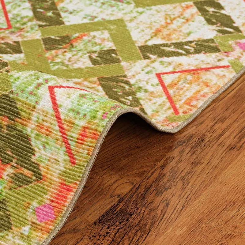 Thrain Geometric Polyester Anti-Skid Carpet - Green & Pink media 8
