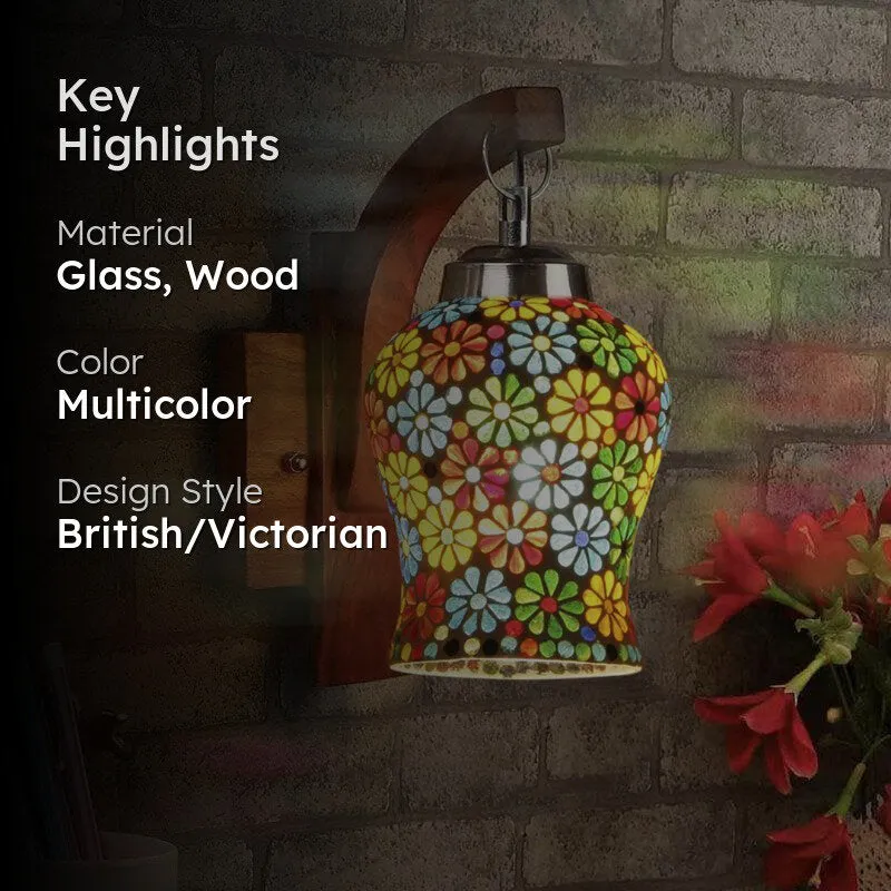 Ervo Floral Mosaic Glass & Wooden Wall Lamp media 2
