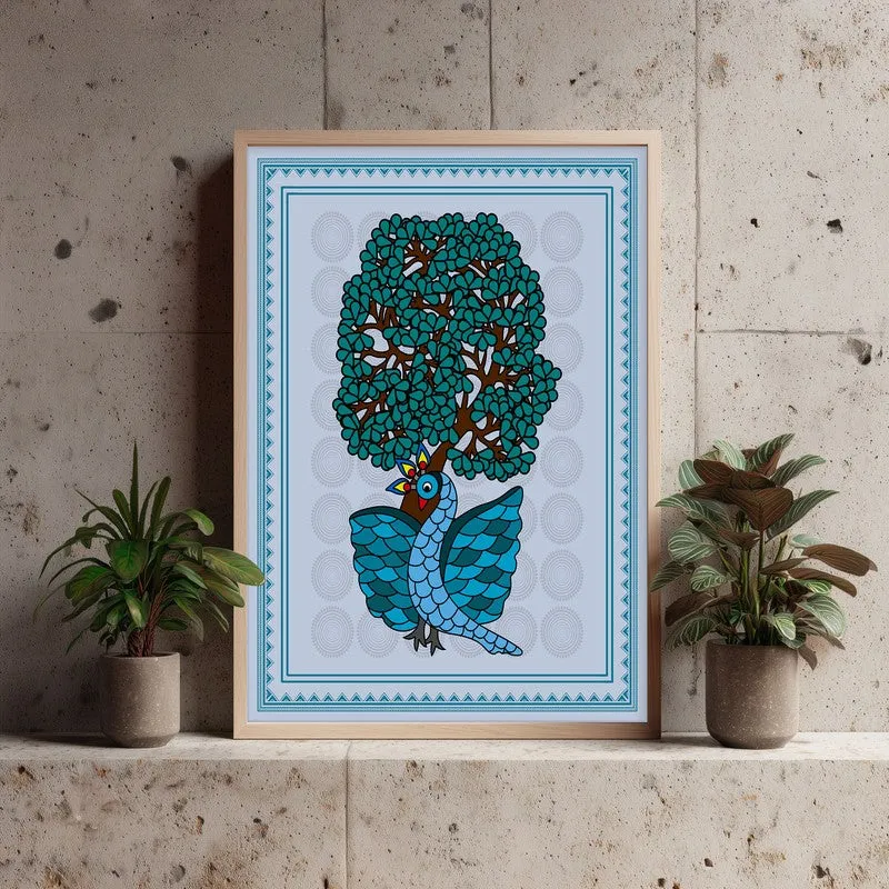 Ethereal Peacock Framed Gond Canvas Archival Canvas Wall Painting - Natural Brown Frame media 3