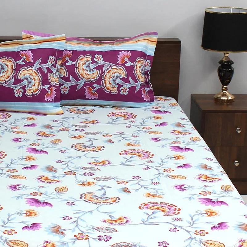 Siya Floral Cotton Bedsheet (Violet,Light Blue) - 110 TC media 1
