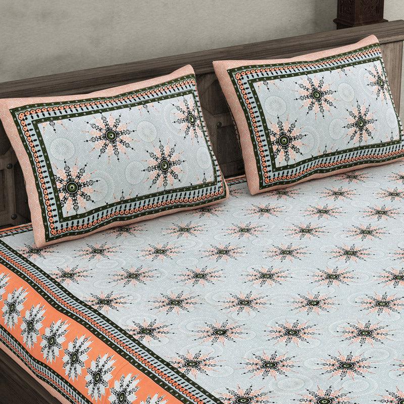 Taara Ethnic Printed Cotton Bedsheet (Blue,Orange) - 160 TC media 3