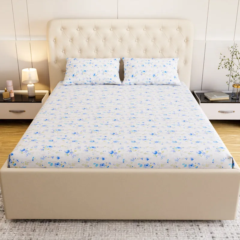 Dewdrop Floral Cotton Bedsheet (Blue) - 180 TC media 4