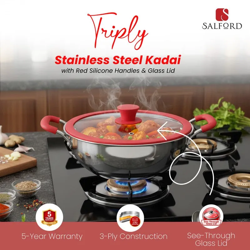 Salford Triply Stainless Steel Kadai with Glass Lid (Silver) - 4000 mL media 4