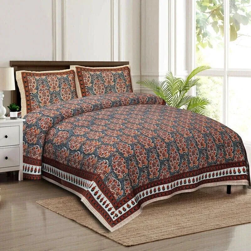 Floray Cotton Bedsheet (Blue,Brown) - 240 TC media 3