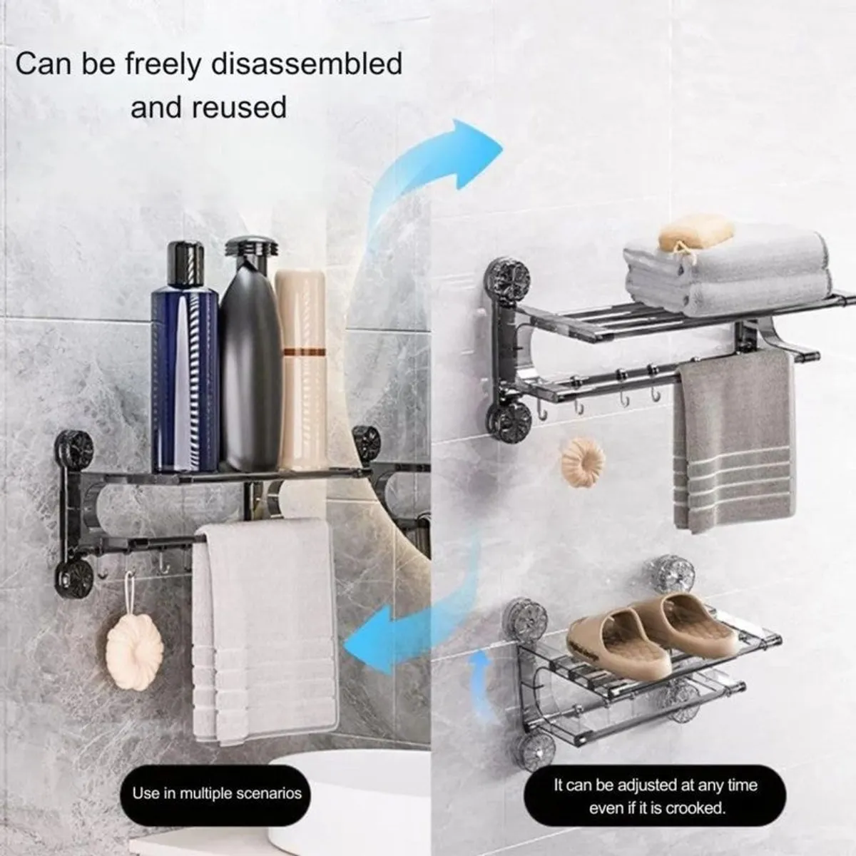 Silver wall-mounted storage rack shown in different wall-mounted uses