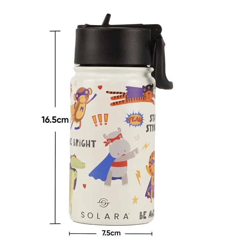 White illustrated bottle with black lid shown with size markings