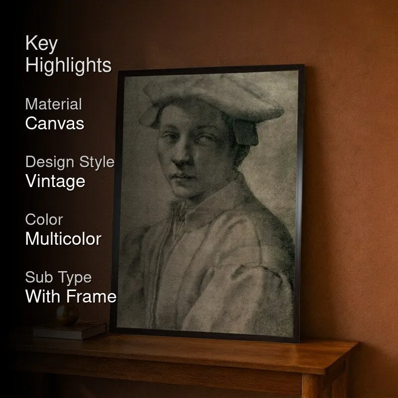 Framed portrait wall art on a console against a brown wall with a dark overlay