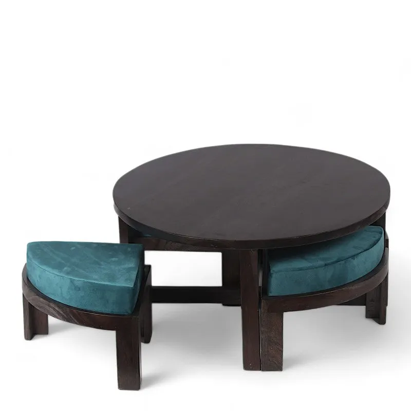 Ixeron Sheesham Wooden Center Table with Stools and Cushions (Blue) - Nine Piece Set media 3