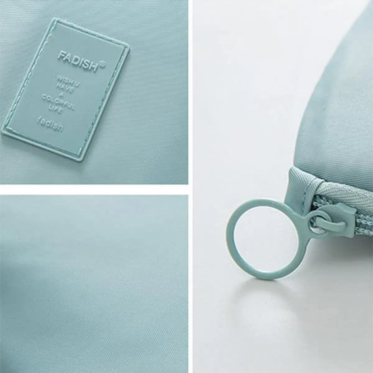 Close-up of the light blue organiser fabric, label and zip pull.