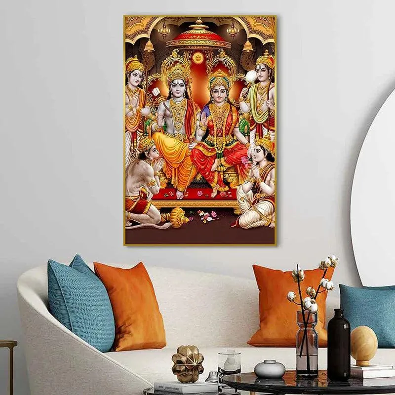 Lords Of Ayodhya Spiritual Canvas Wall Painting With Frame - Gold media 1