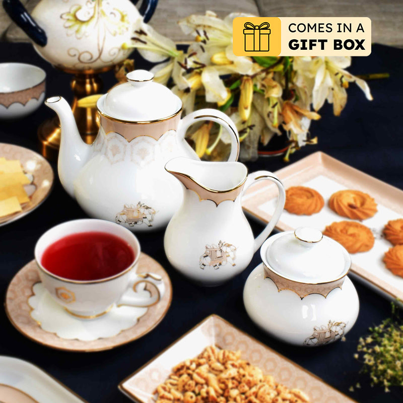 Gilded Legacy 24k Gold Brushed Porcelain Tea Set With Tea Pot (Peach) - Seventeen Piece Set