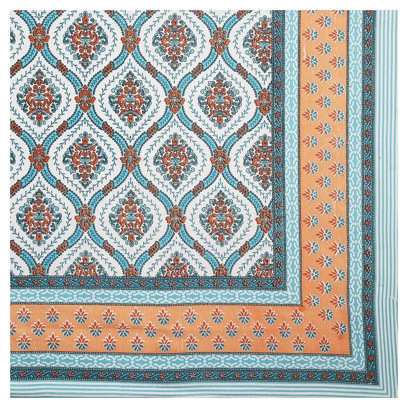 Dayalu Ethnic Cotton Bedsheet (Blue,Orange) - 144 TC media 3
