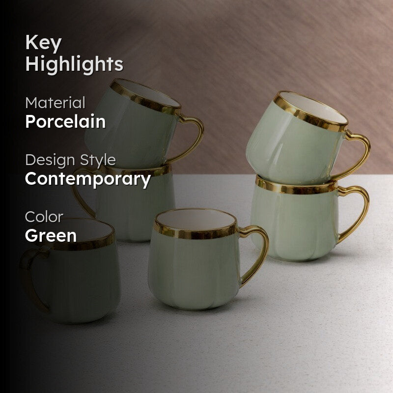 Cupino Porcelain Tea Cup (220 mL Each,Green) - Set Of Six media 2