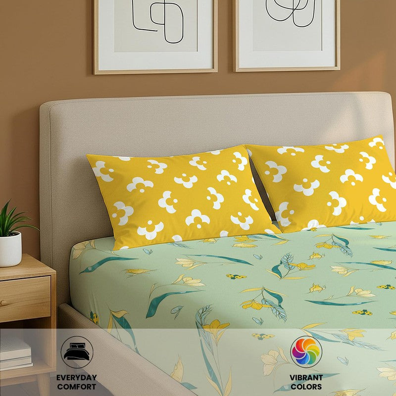 Lime Sunshine Floral Cotton Bedsheets (Green & Yellow) - 144 TC media 6
