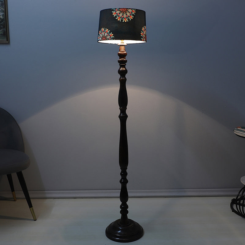 Toile Totem Printed Mango Wood Floor Lamp - Black
