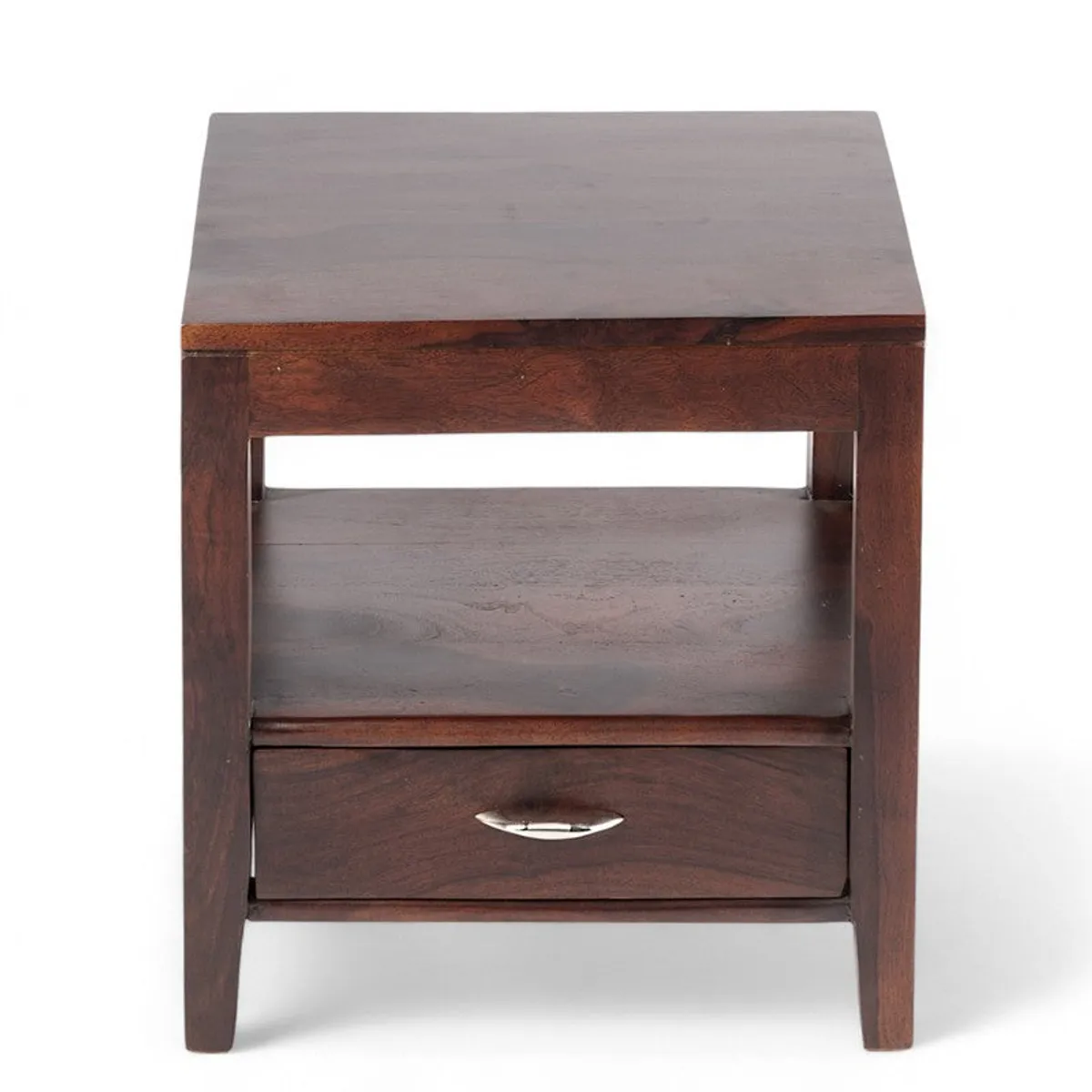 Dark brown square wooden bedside table shown from the front.