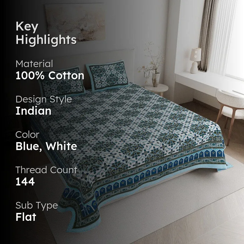 DesignNest Cotton Bedsheet (Blue) - 144 TC media 2