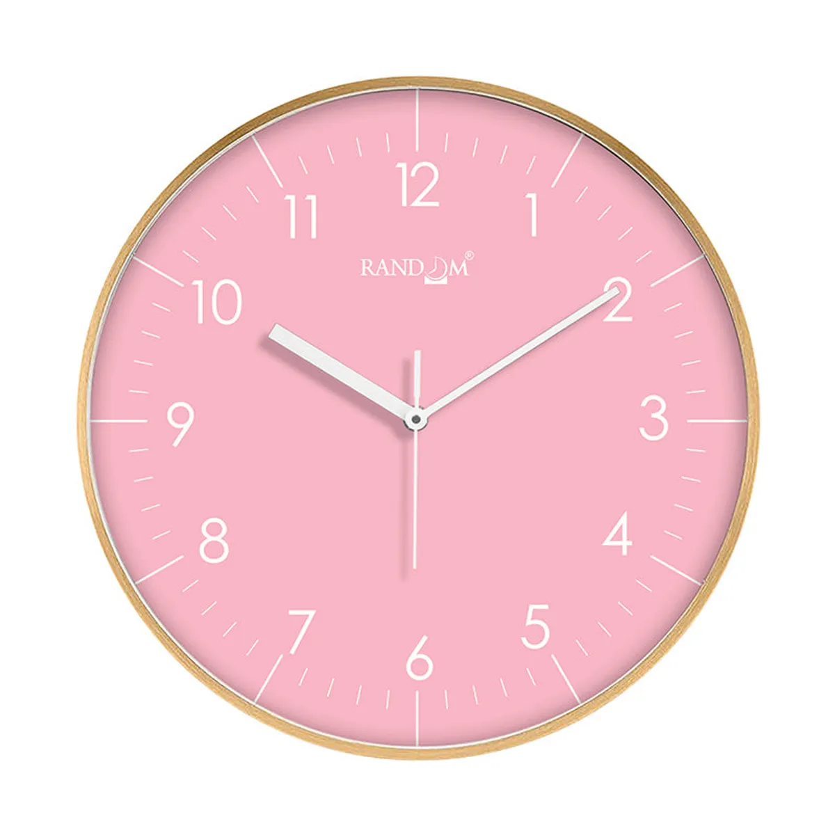 Front view of a round pink analogue wall clock with white numerals and gold rim