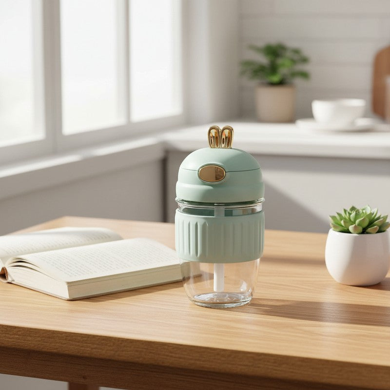 Blue Glass Tumbler with Adorable Bunny Ear Lid - 350 ML media 3