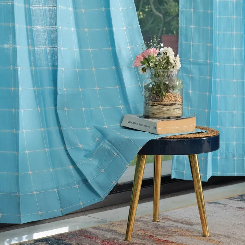 Pixel Checks Cotton Curtain - Light Blue media 1