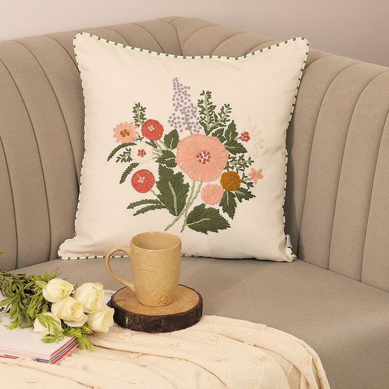 Golden Blossom Embroidered Cotton Cushion Cover