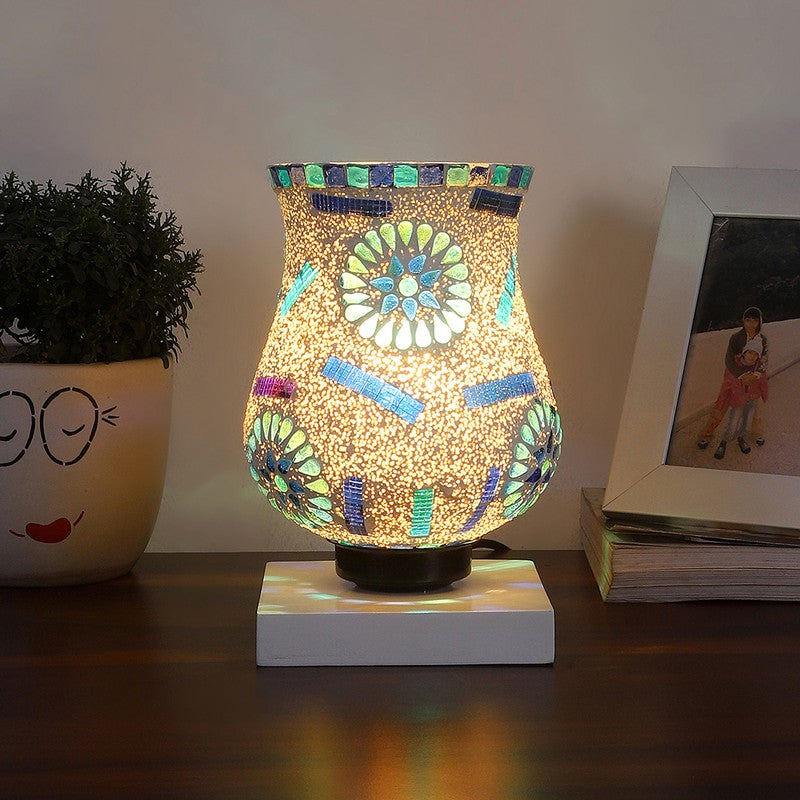 Lightfleck Mosaic Glass Table Lamp With Wooden Base - Multicolor