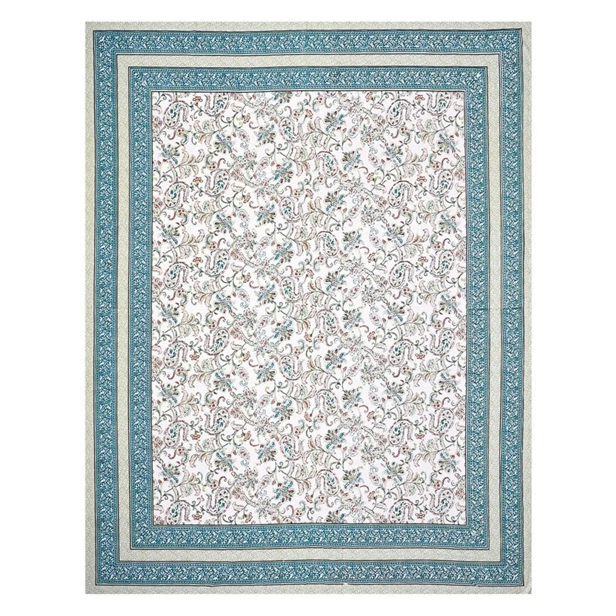 Flat lay showing the full floral paisley bedsheet with layered borders