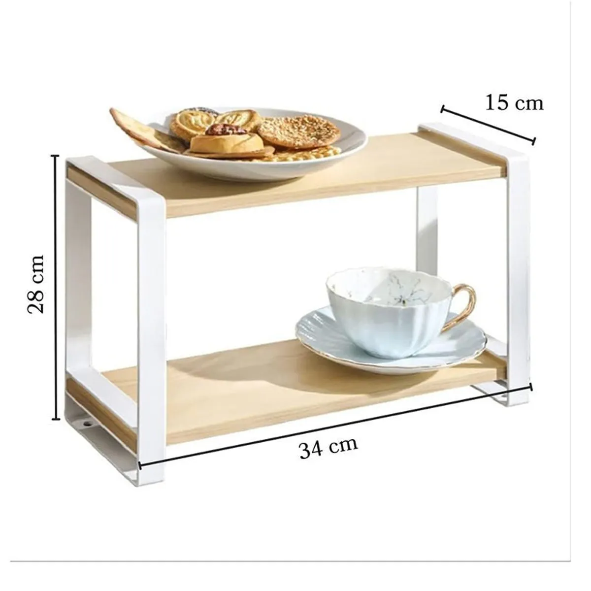 Brown and white tiered rack with dimensions shown