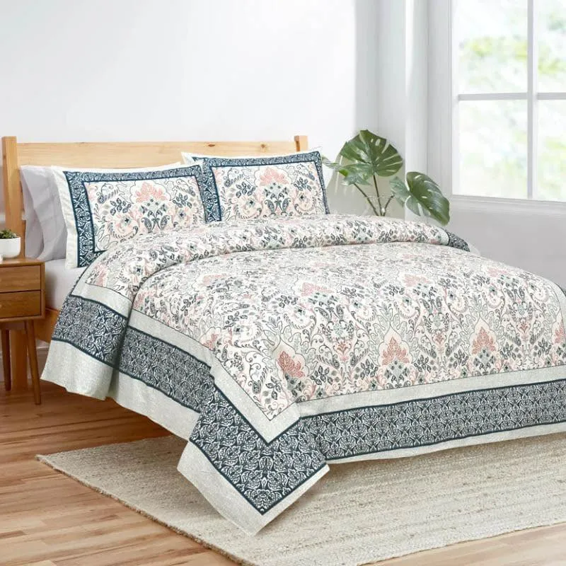 Mughal Jaali Printed Cotton Bedsheet (Blue & Beige) - 120 TC media 1
