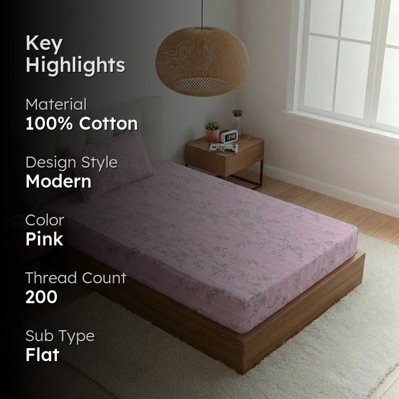 Grassy Flora Printed Cotton Bedsheet (Pink) - 200 TC media 2