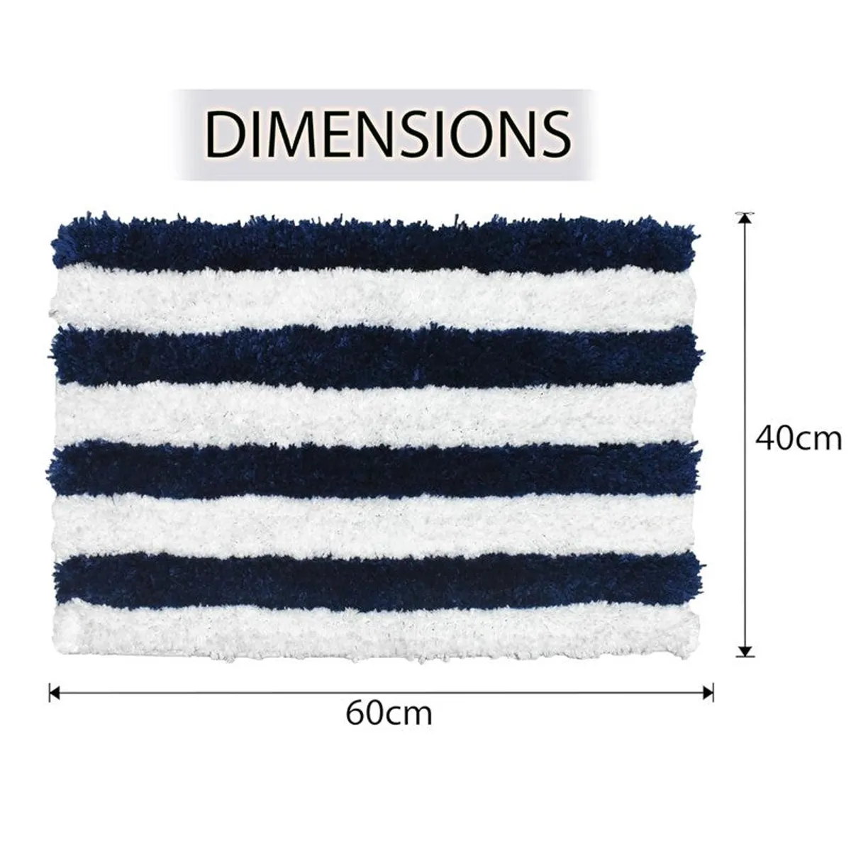 Blue and white striped rectangular bath mat shown with size graphic