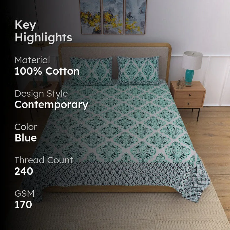 Bedlyn Ethnic Cotton Bedsheet (Blue) - 240 TC media 2