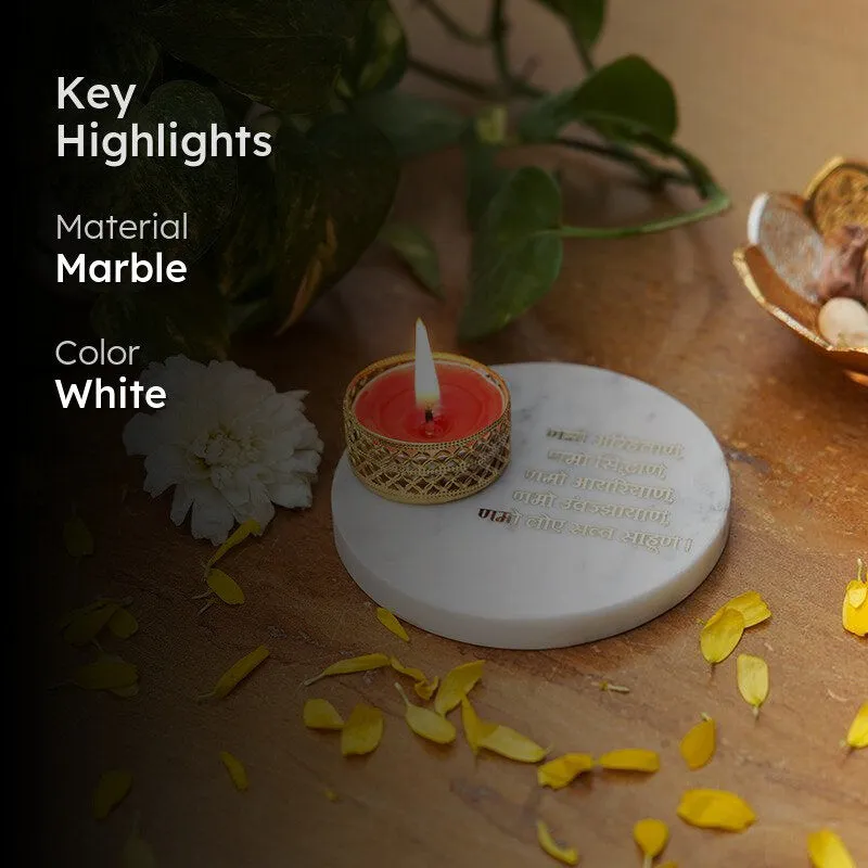 Namokar Mantra White Marble Religious Accent With Tea Light Holder media 2