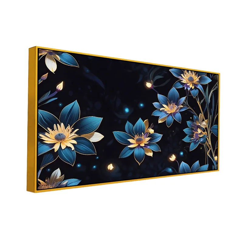 Midnight Blue Sparkle Floral Canvas Wall Painting With Frame - Gold media 3